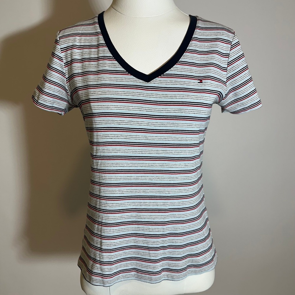 Tommy Hilfiger Blue/Red/Gray Stripe Cotton V-Neck Short Sleeve Tee Womens Medium